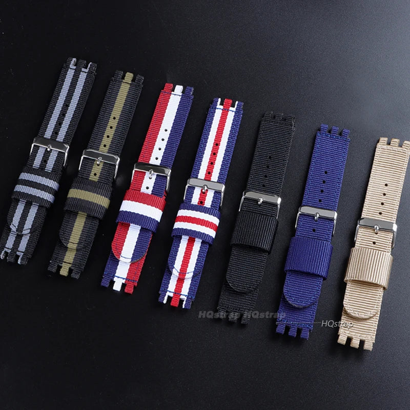 Nylon Canvas Watchband for Swatch 17mm 19mm 20mm Replacement Strap with Metal Pin Buckle