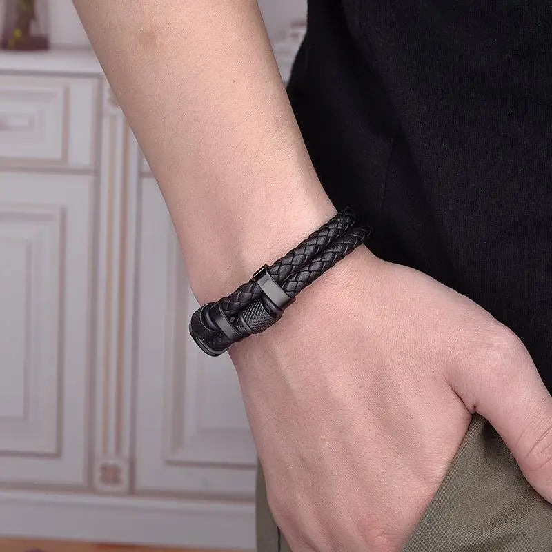 CowLost | badge-pass-holders-jiayiqi-punk-stainless-steel-leather-bracelet-for-men-with-irregular-beads |5