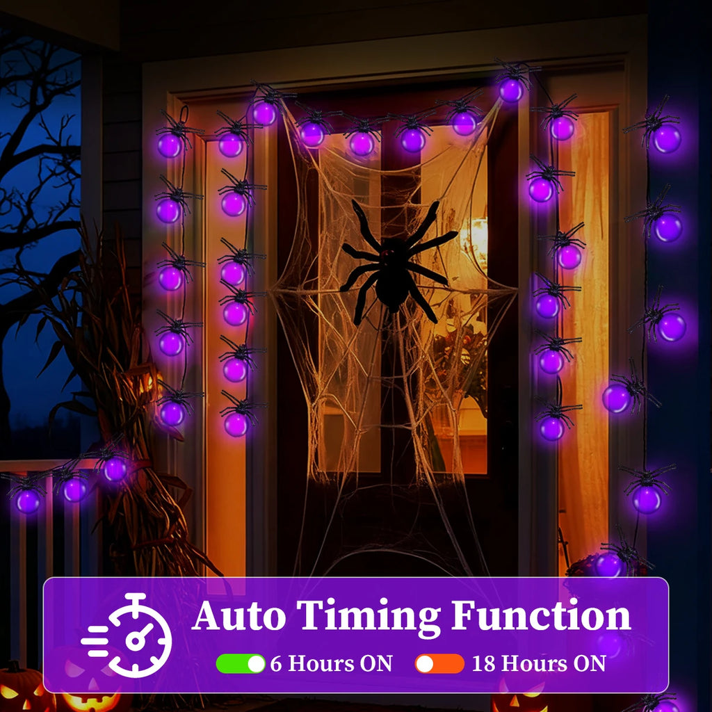 Battery Powered Purple LED Spider String Lights for Halloween and Christmas Decor