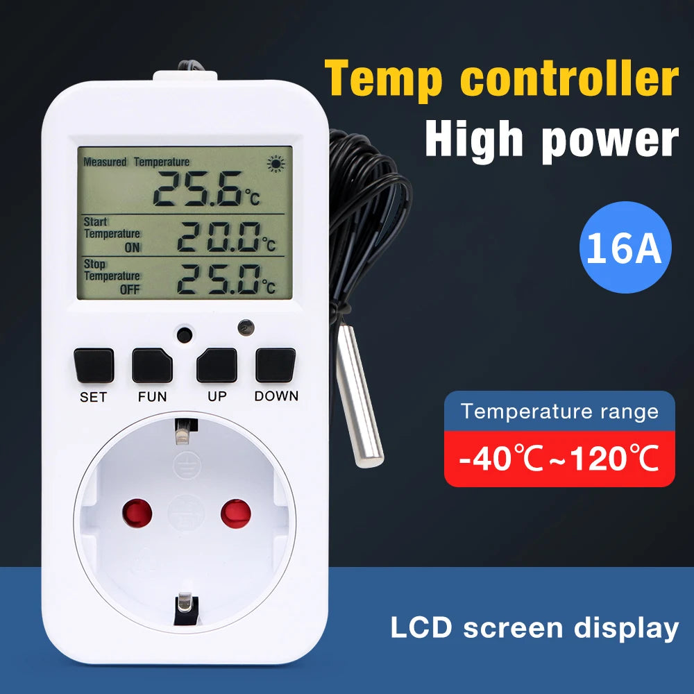 LCD Thermostat Timer Socket 16A EU Plug Temperature Controller with Alarm and Circulation Switch for Heating Cooling