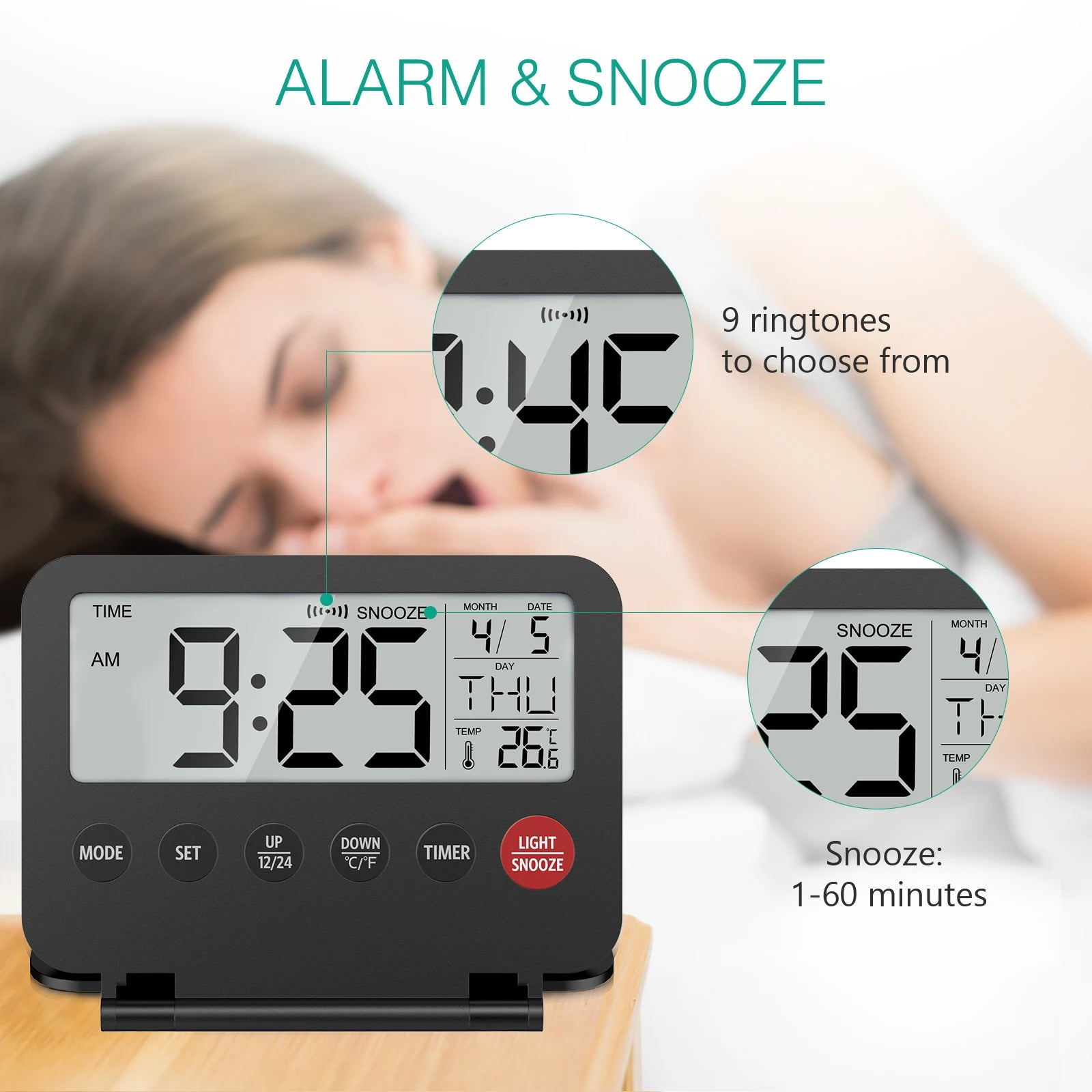 ORIA Digital Foldable LCD Alarm Clock with Calendar, Temperature, Timer – Battery Operated for Travel, Home, Office