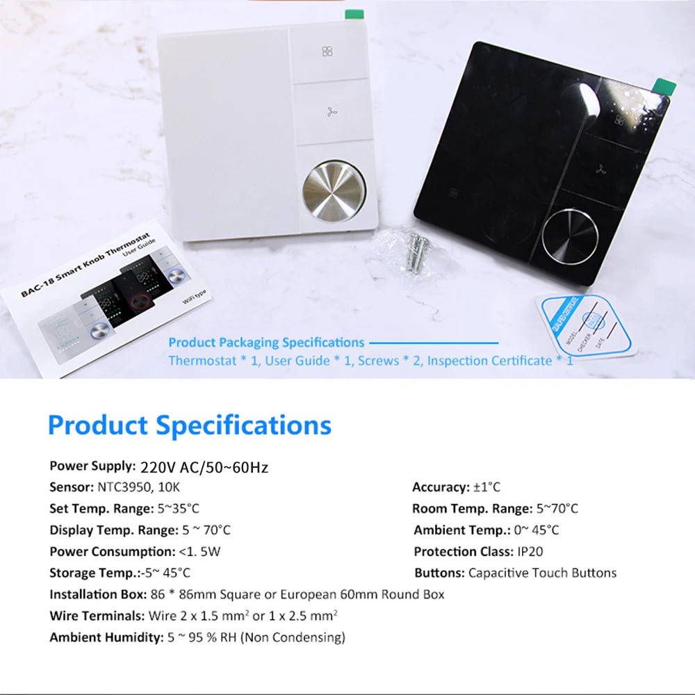 Smart WiFi Thermostat with Knob for AC, Fan Coil, and Temperature Control