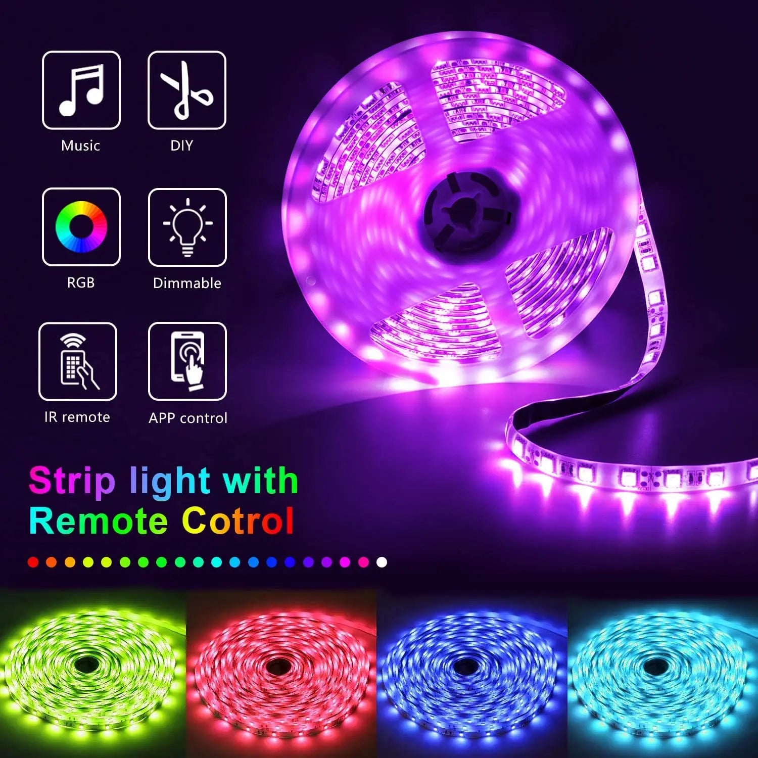 RGB 5050 LED Strip Light 12V 30 LEDs/M Music Sync APP Remote Control Flexible Tape
