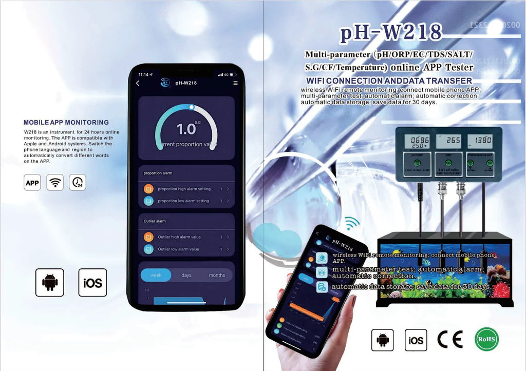 Tuya WiFi 8-in-1 Water Quality Tester pH/EC/TDS/Salt/S.G/ORP/CF/Temp Meter pH-W218 for Aquarium