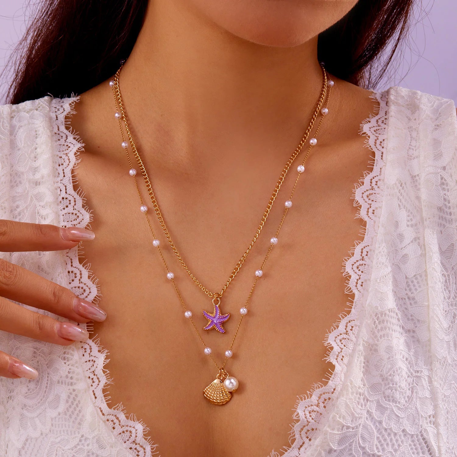 CowLost | boho-bohemian-sea-shell-starfish-pendant-necklaces-for-women-double-layered-tortoise-imitation-pearl-bead-chain-beach-jewelry |15