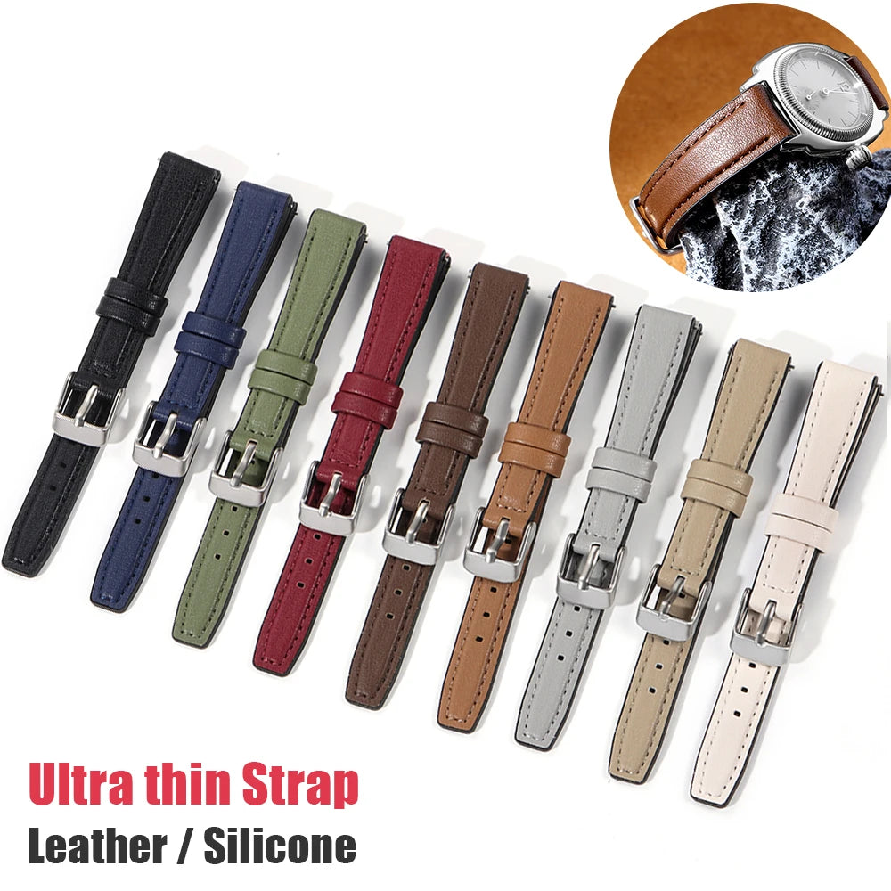 Ultra-thin Leather Silicone Watch Band 10-16mm Universal Quick Release Waterproof Wristband