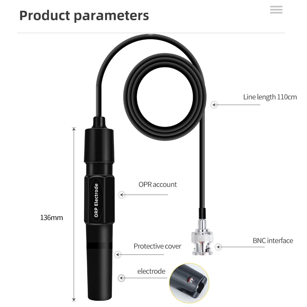 1.2m/2m ORP Replacement Probe with BNC Connector for Aquarium, Hydroponic, Laboratory Oxidation-Reduction Potential Test