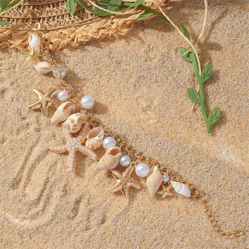 CowLost | bohemian-starfish-conch-shell-pearl-anklet-for-women-boho-sea-turtle-shells-leg-ankle-metal-chain-beach-party-sandals-jewelry |7
