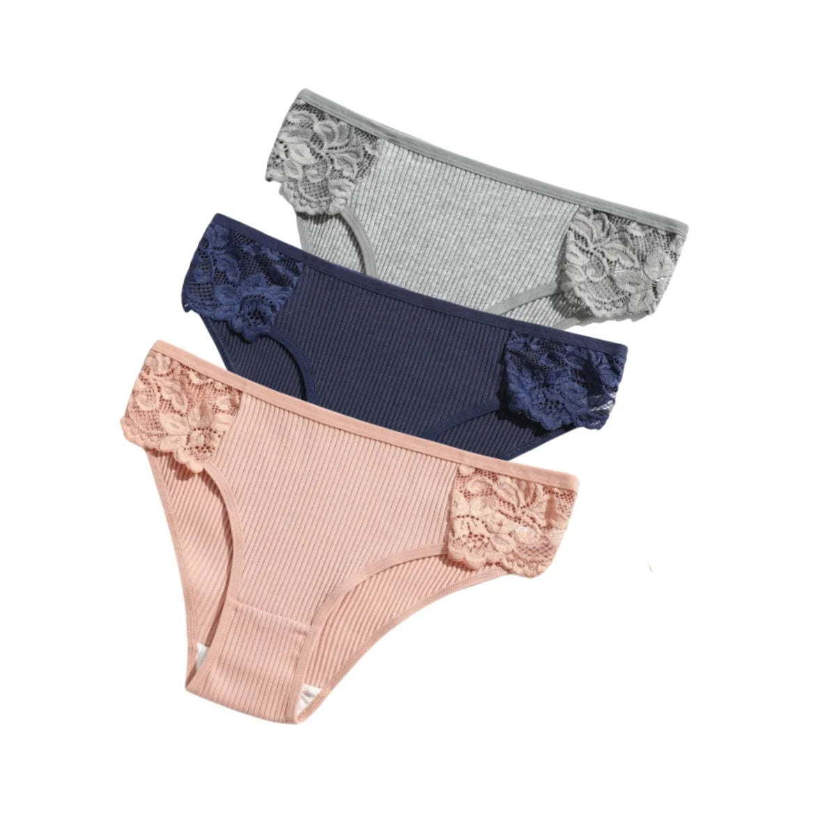 CowLost | product_id-3pcs-womens-cotton-lace-trim-low-rise-breathable-briefs-solid-panties |24