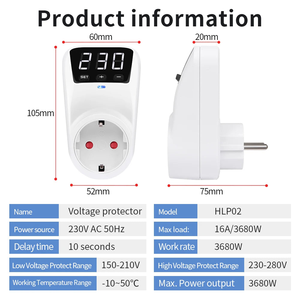 LCD Voltage Protector with LCD Display, Automatic Reset, Surge & Undervoltage Protection, EU/US Plug
