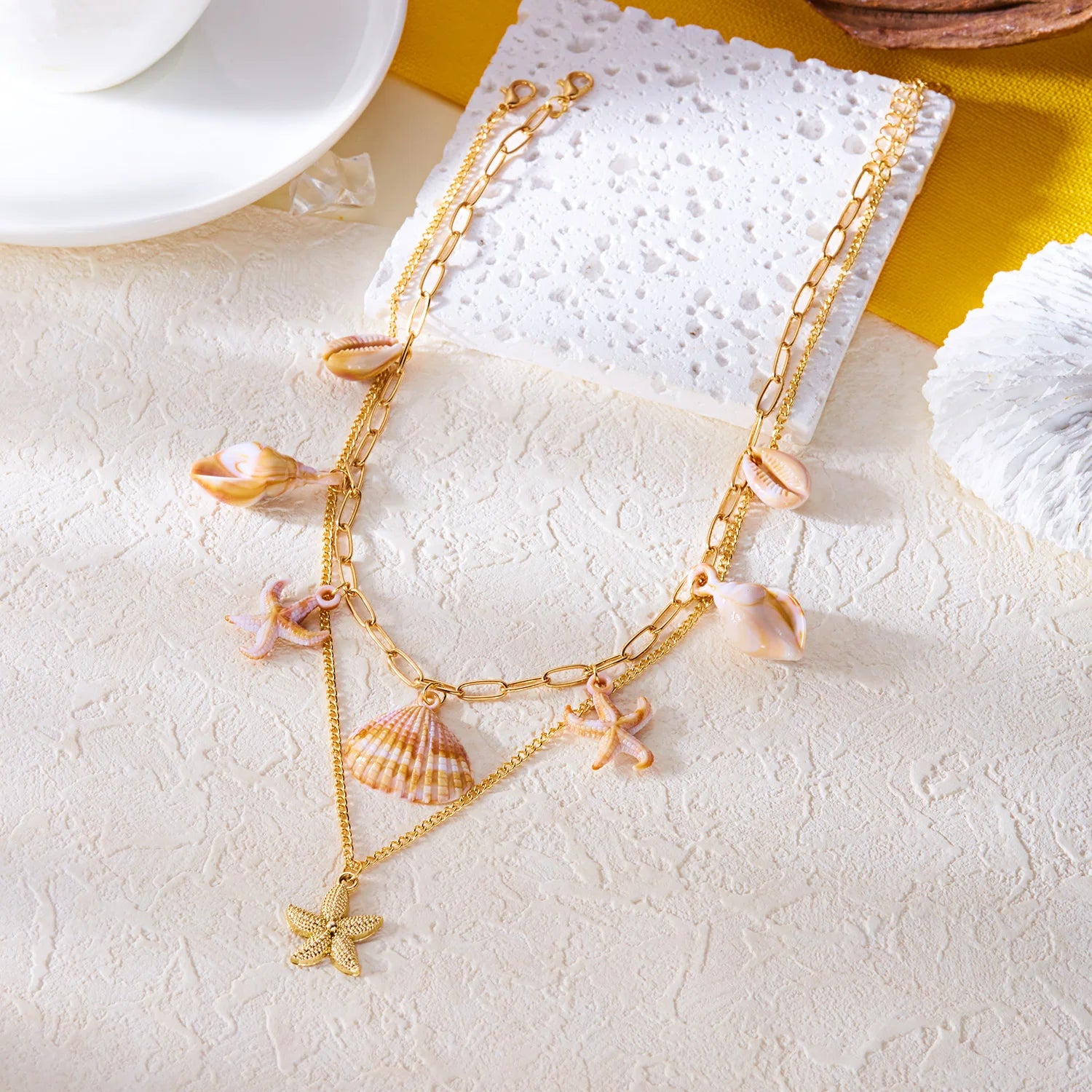 CowLost | bohemia-mulitlayer-ocean-series-necklace-for-women-starfish-shell-pearl-conch-flower-fish-tail-metal-choker-beach-party-jewelry |3