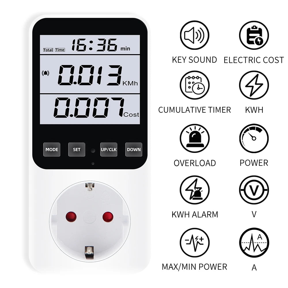 Digital Wattmeter AC Power Meter Socket Analyzer 220V EU Plug Energy Voltmeter Ammeter Electricity Cost Monitor