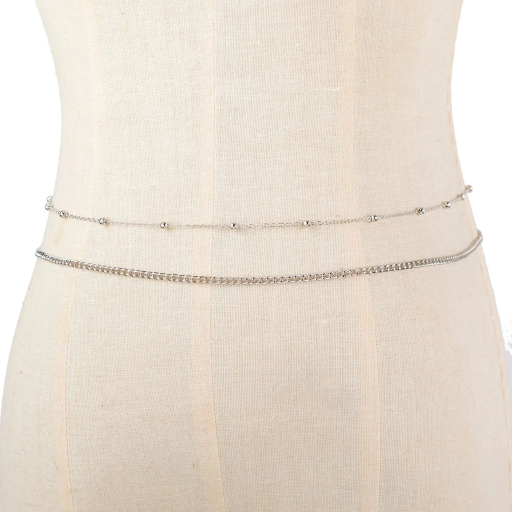 Waterproof 14K Gold Plated Stainless Steel Layered Cuban Pearl Waist Chain Body Jewelry