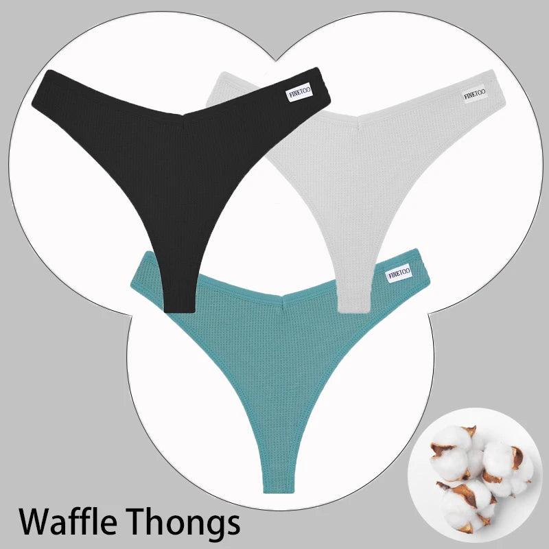 CowLost | activewear-pants-3pcs-cotton-waffle-women-s-sexy-thong-panties-set |46
