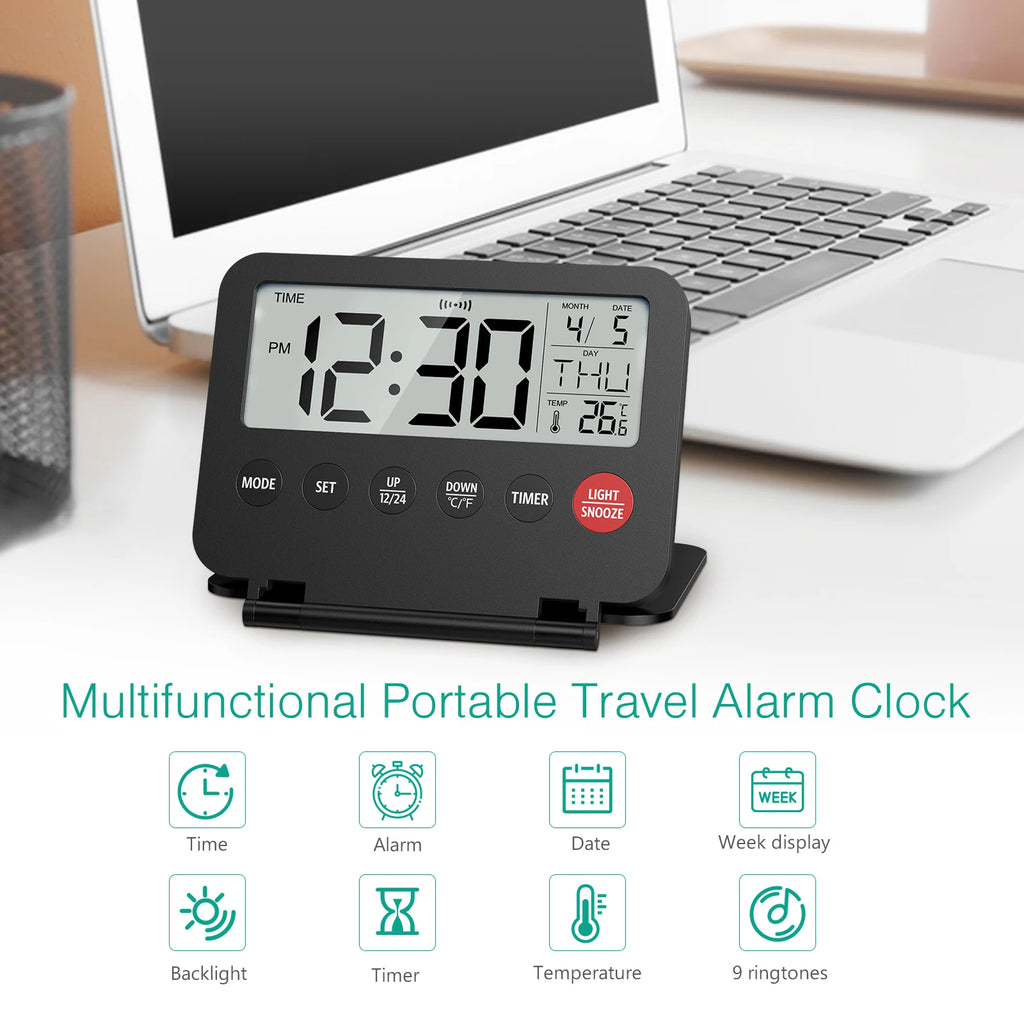 ORIA Digital Foldable LCD Alarm Clock with Calendar, Temperature, Timer – Battery Operated for Travel, Home, Office