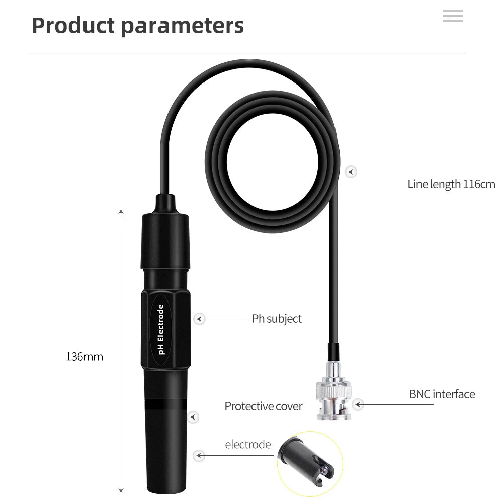 PH-201H 1.2m/2m Replacement pH Probe Electrode for Aquarium Hydroponic Laboratory Meter