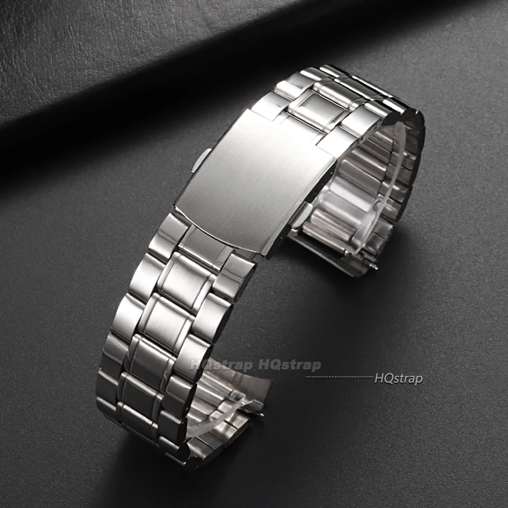 Curved End Stainless Steel Watch Strap 20mm 22mm Folding Buckle for Seiko Replacement Band