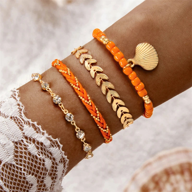 CowLost | 4pcs-set-bohemia-shell-bracelets-for-women-ethnic-style-colorful-zircon-rice-beads-metal-chain-bangles-girl-summer-beach-jewelry |4