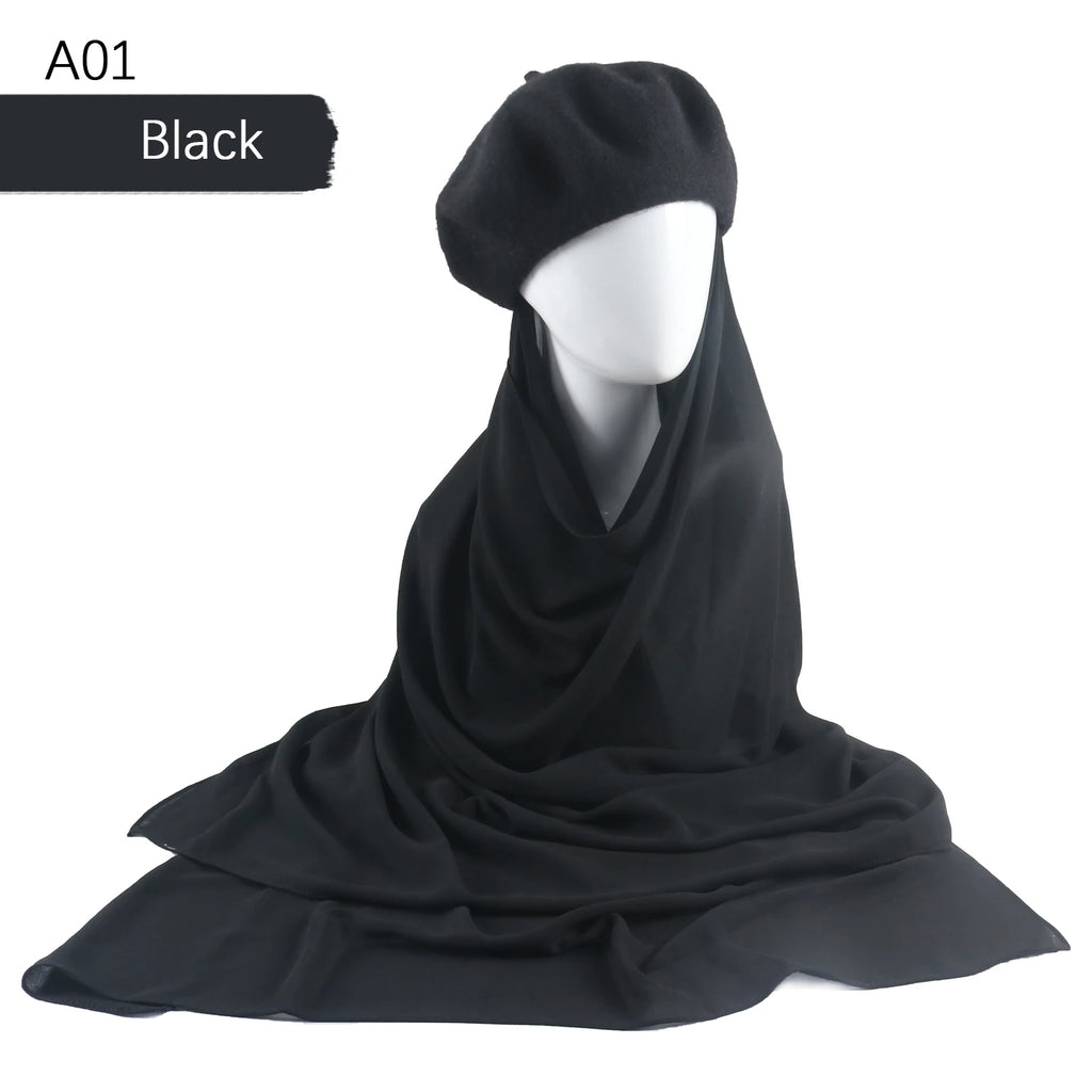 CowLost | musilm-women-french-style-beret-hats-with-chiffon-hijab |2