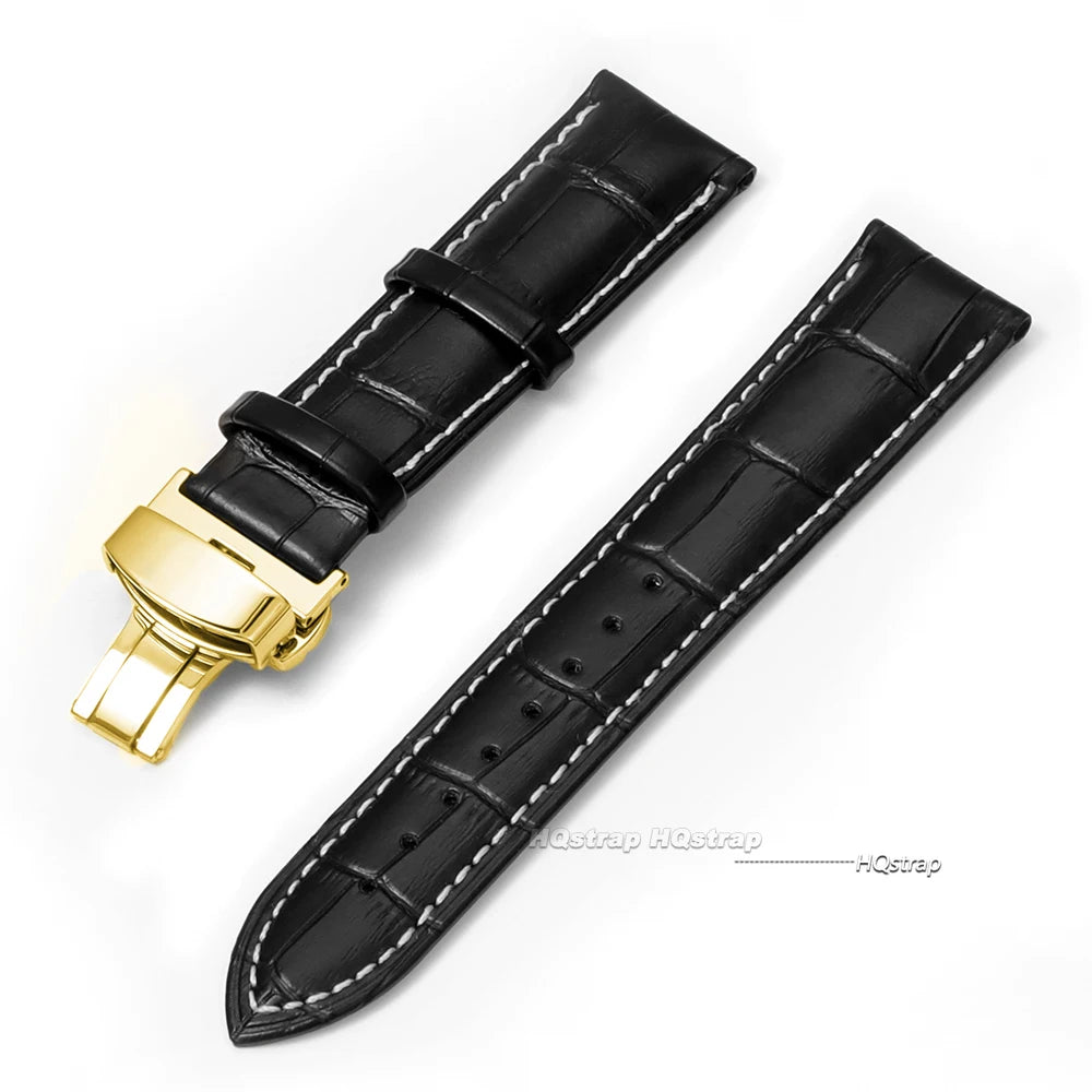 CowLost | product_id-genuine-calfskin-leather-watch-strap-16-24mm-black-with-brown-stitching-butterfly-buckle |14