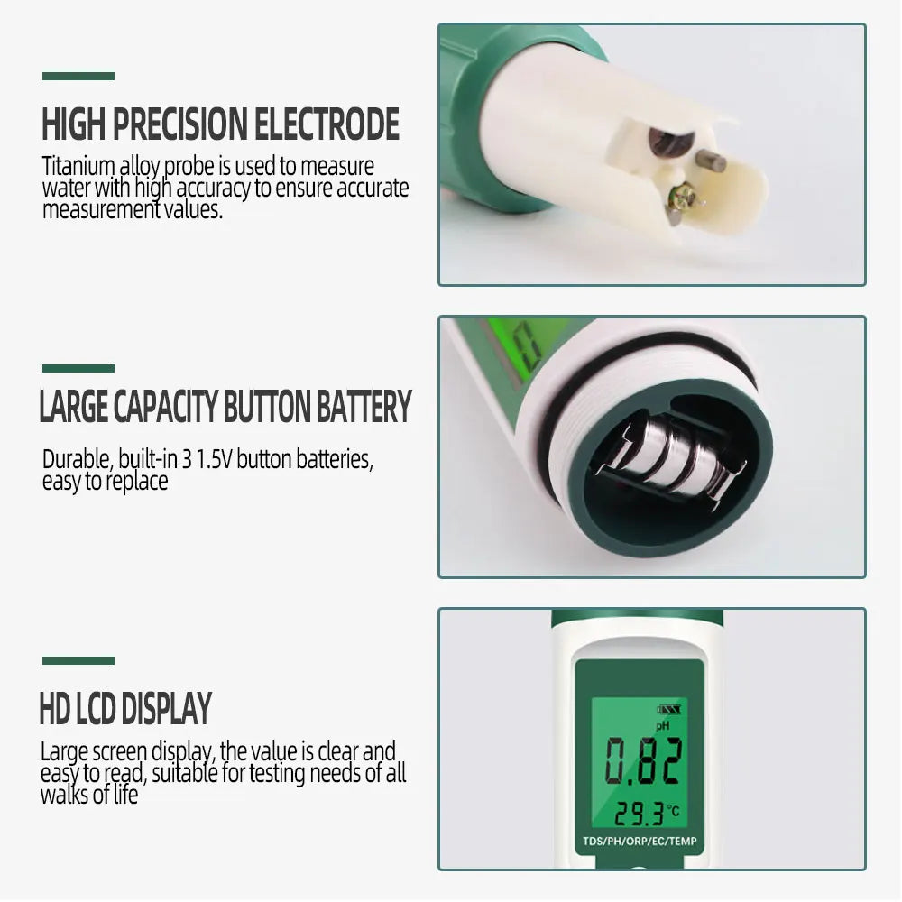 5-in-1 Digital pH TDS EC ORP Temperature Meter Portable Water Quality Tester