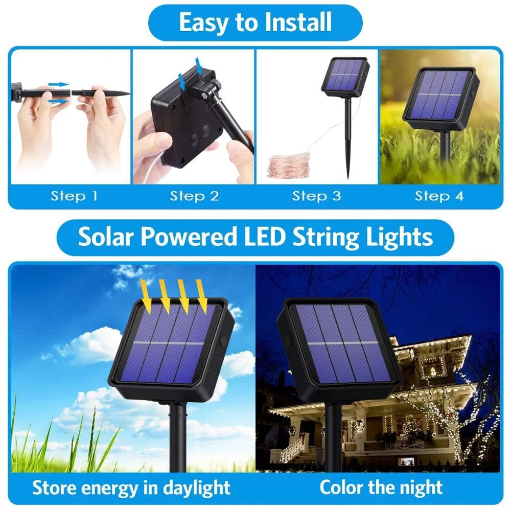 Solar Outdoor Fairy String Lights, 50-300 LED Copper Silver Wire, Waterproof, 8 Modes for Christmas & Wedding