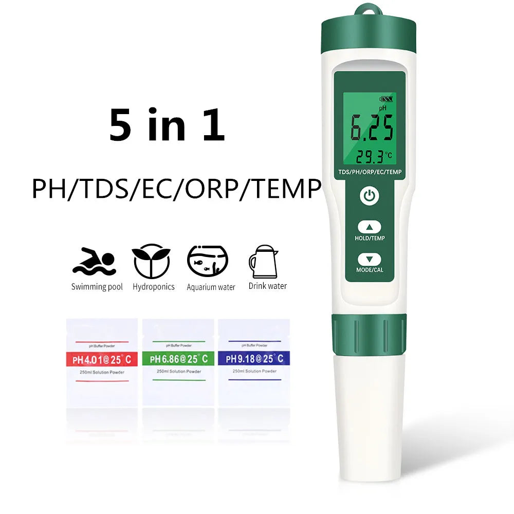 5-in-1 Digital pH TDS EC ORP Temperature Meter Portable Water Quality Tester