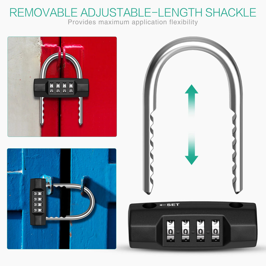 Combination 4-Digit Resettable Waterproof Padlock with Adjustable Shackle for Gym Luggage