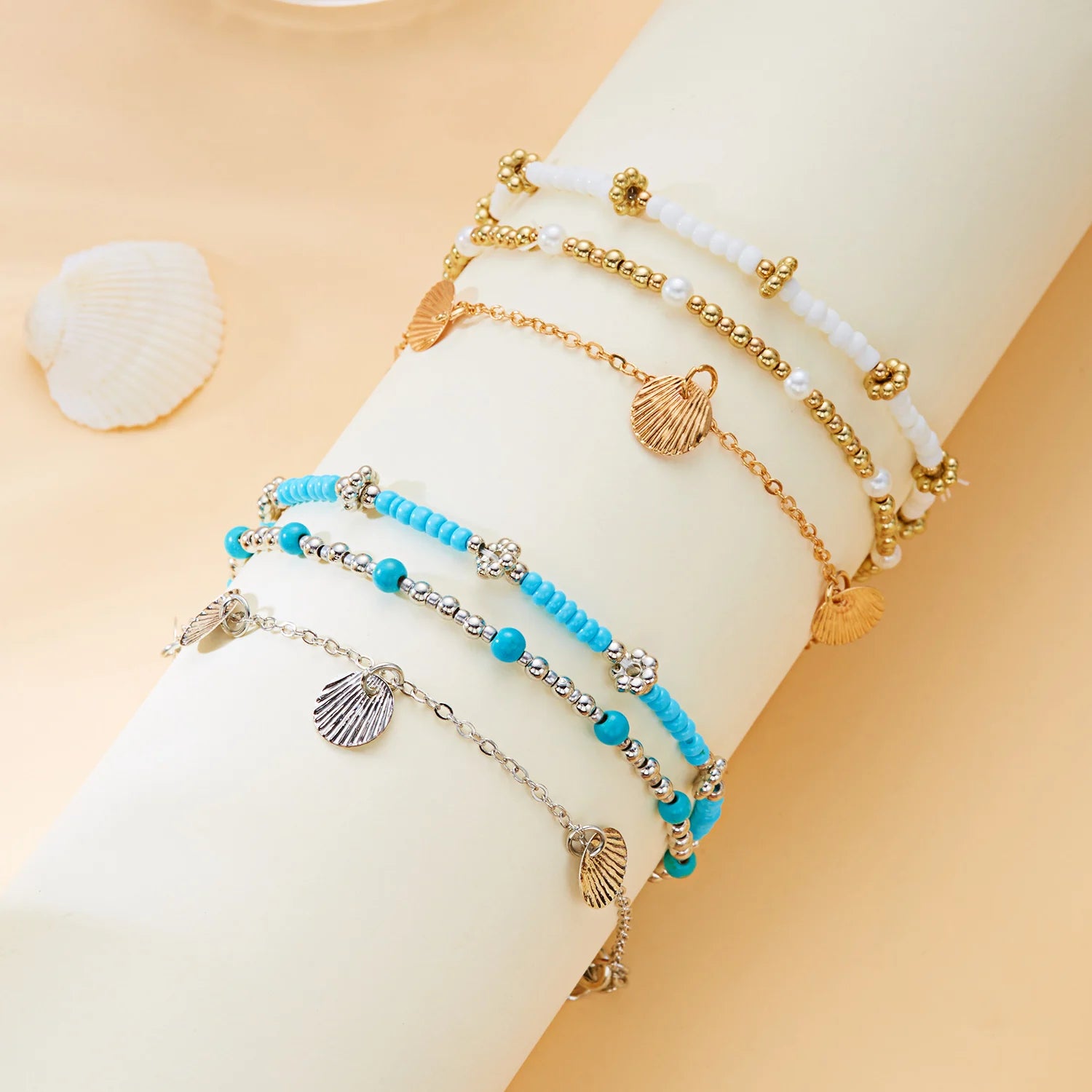 CowLost | vintage-gold-color-starfish-sea-shell-metal-chain-anklet-set-for-women |5