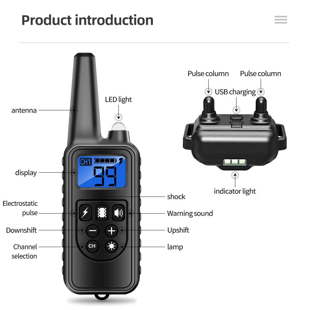 800m Waterproof Rechargeable Electronic Dog Training Collar with Nylon Rope Stop Barking