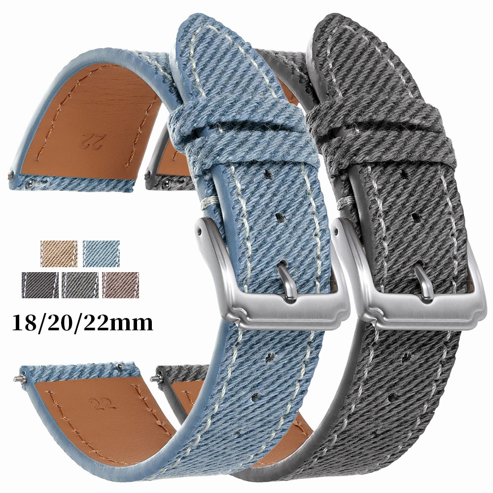 Quick Release Denim Pattern Watch Band 18mm-22mm Nylon Strap for Seiko Sport Wristwatch