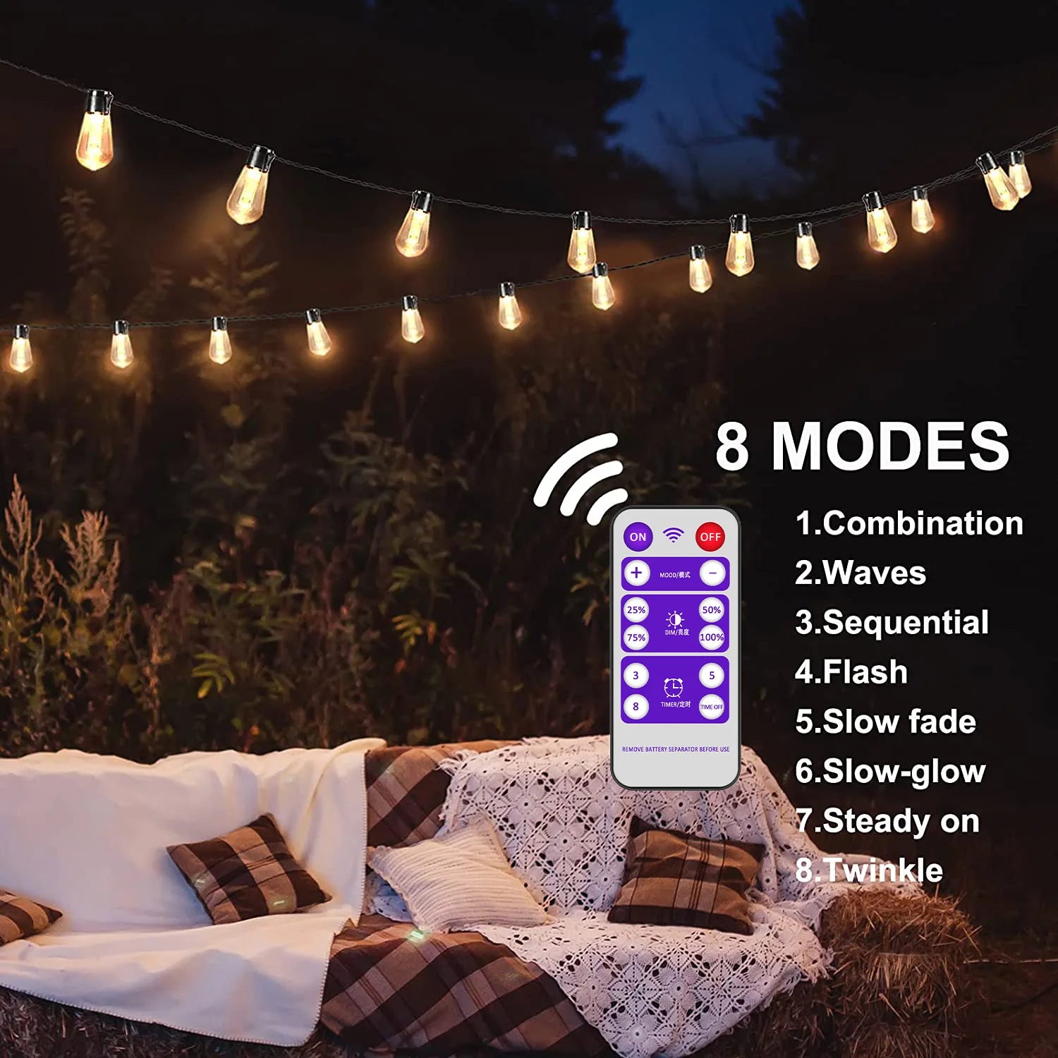 32FT S14 Solar Waterproof Outdoor String Lights with Remote, 8 Modes, Shatterproof Bulbs, High Brightness