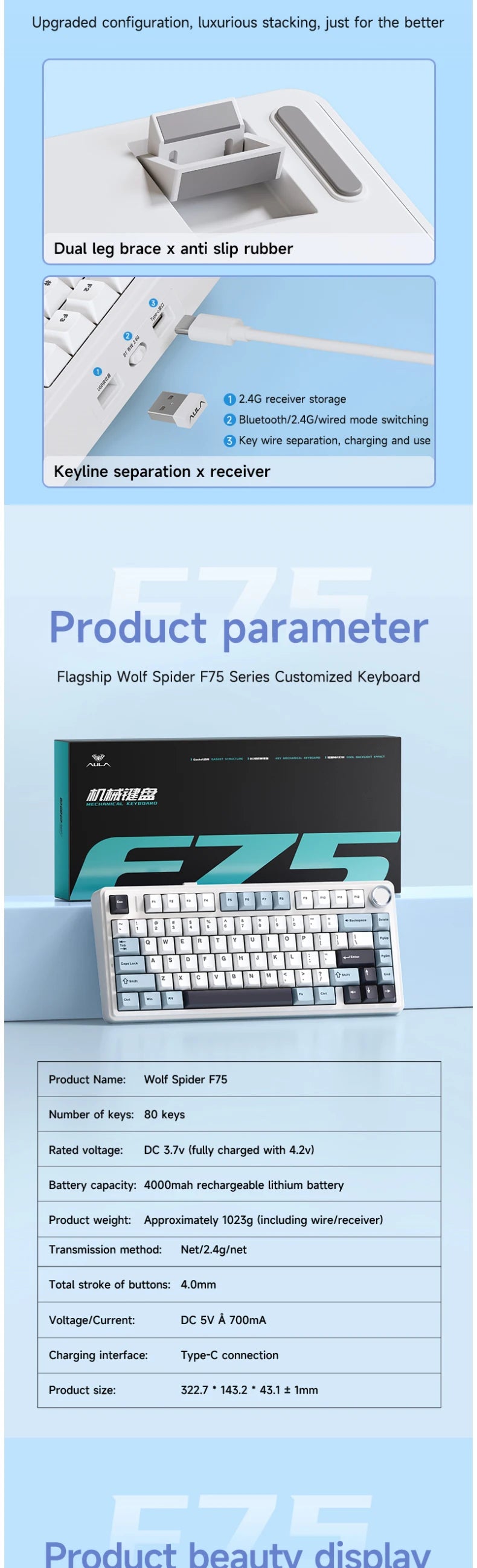 CowLost | aula-f75-oem-rgb-customized-hot-swap-pbt-75-80-keys-bluetooth-5-0-2-4g-wireless |14