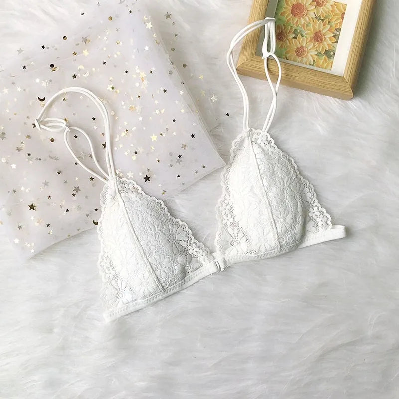 CowLost | product_id-wireless-french-style-triangle-cup-bra-with-front-button-lace-back-ultra-thin-straps |10