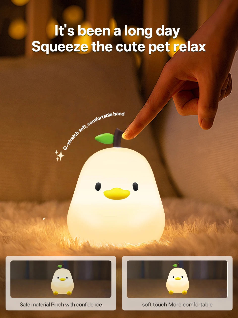 CowLost | product_id-pear-usb-rechargeable-7-color-dimmable-touch-silicone-pat-duck-night-light |7