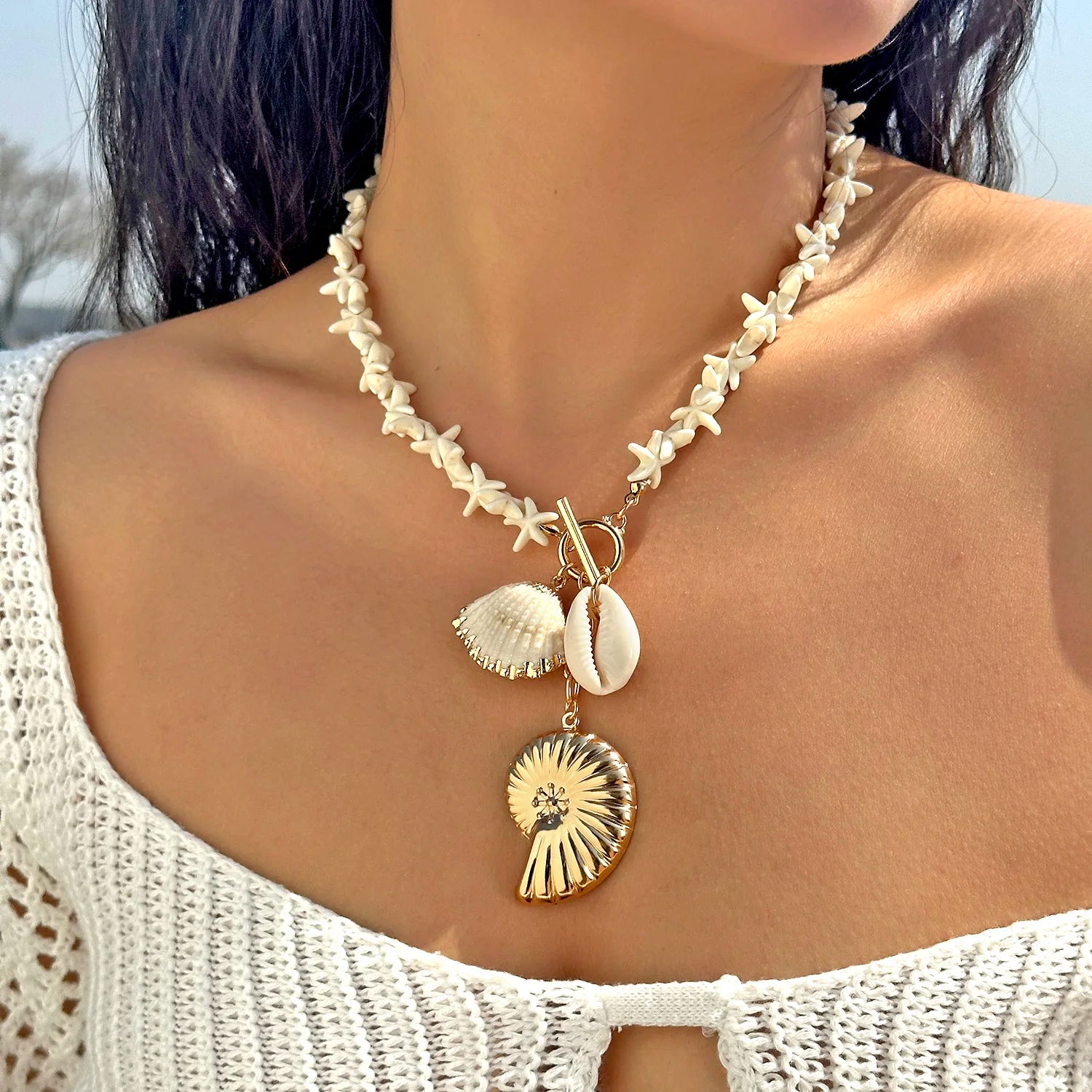 CowLost | bohemia-shell-conch-pendant-necklace-for-women-girl-trendy-starfish-beaded-chain-necklaces-ocean-series-vacation-beach-jewelry |3