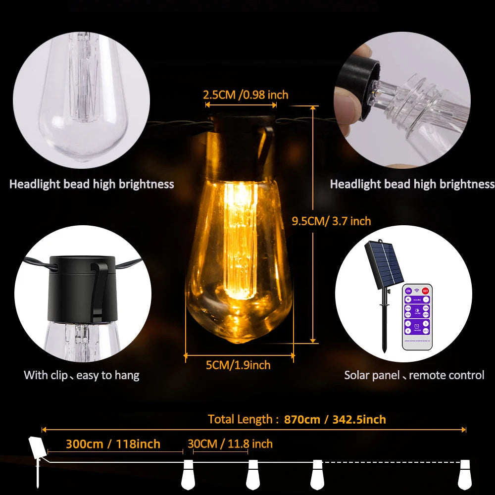 32FT S14 Solar Waterproof Outdoor String Lights with Remote, 8 Modes, Shatterproof Bulbs, High Brightness
