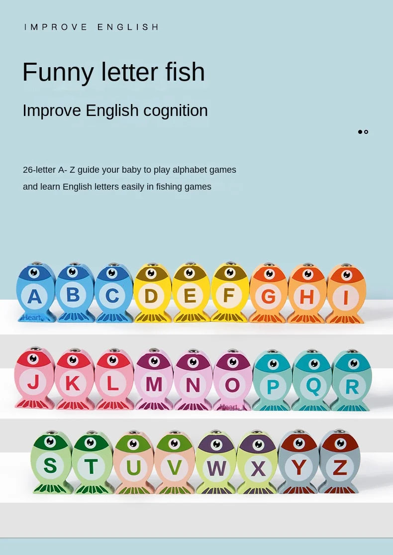 Kids Wooden Fishing Game Educational Alphabet Numeric Cognitive Toy with Magnet