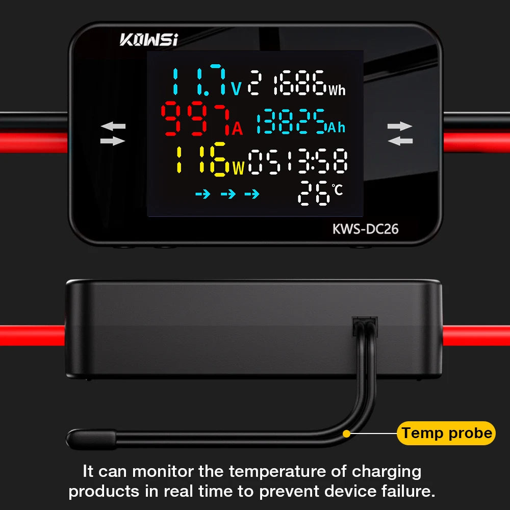 KWS-DC26 Digital Voltmeter Ammeter DC8-80V 0-20/50A Power Energy Meter with Color Screen for EV Battery Charging Detection