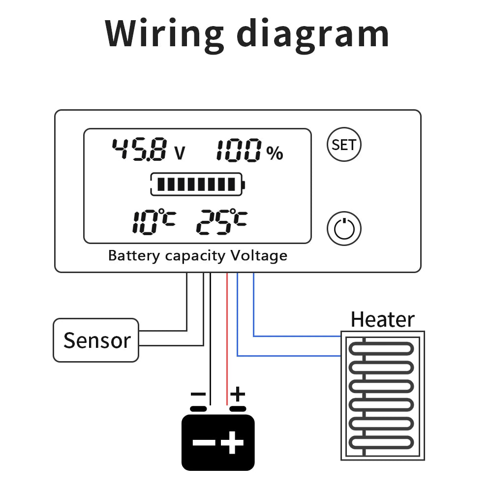 JUANJUAN DC 10V-100V Digital Battery Capacity Indicator LCD Voltage Tester with Temperature Control