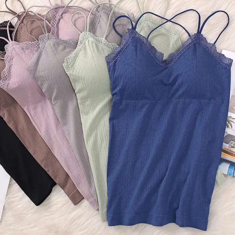 CowLost | product_id-women-seamless-wireless-padded-v-neck-lace-trim-cross-strap-camisole-tank-top |1