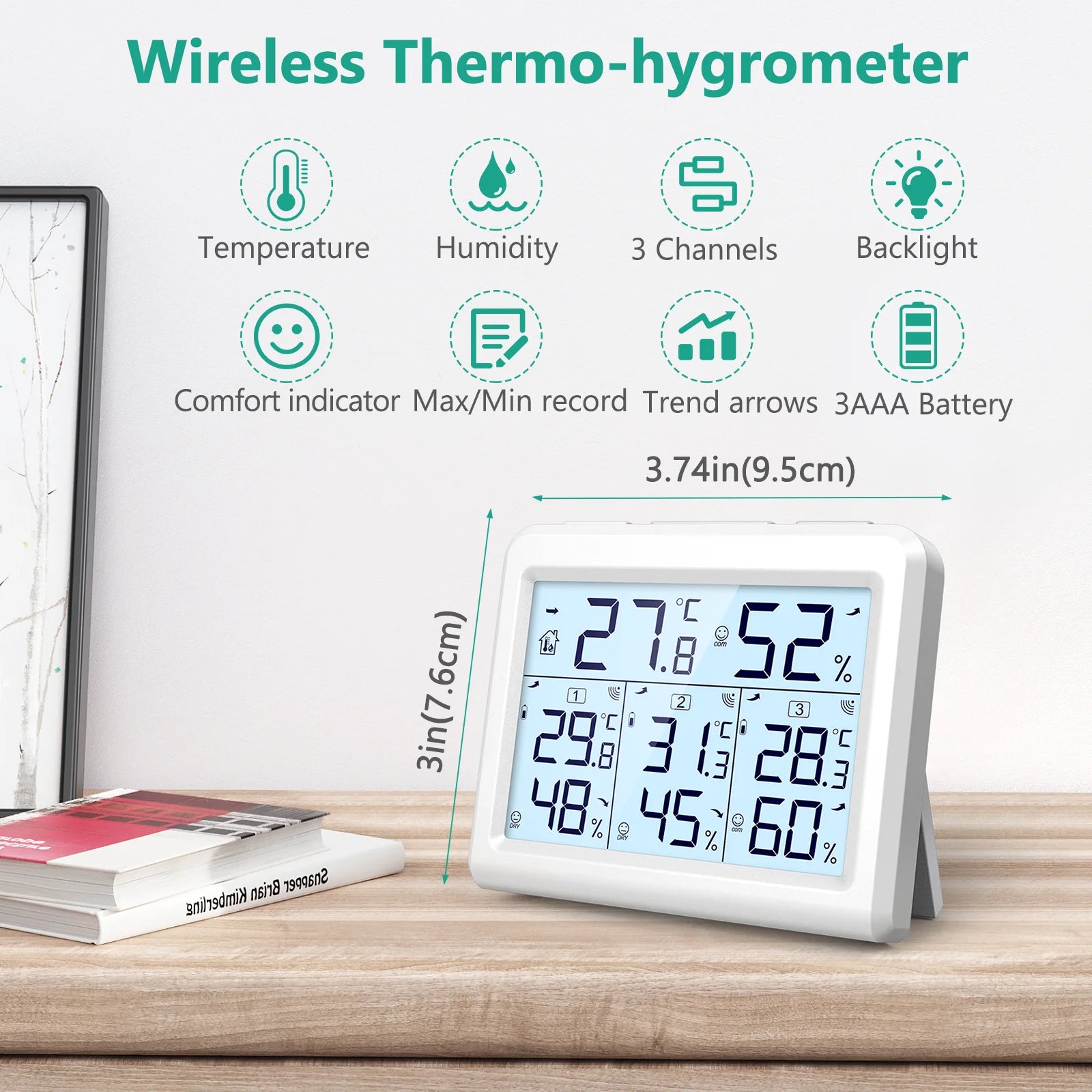 ORIA Wireless Digital Hygrometer Thermometer Indoor Outdoor with 3 Sensors