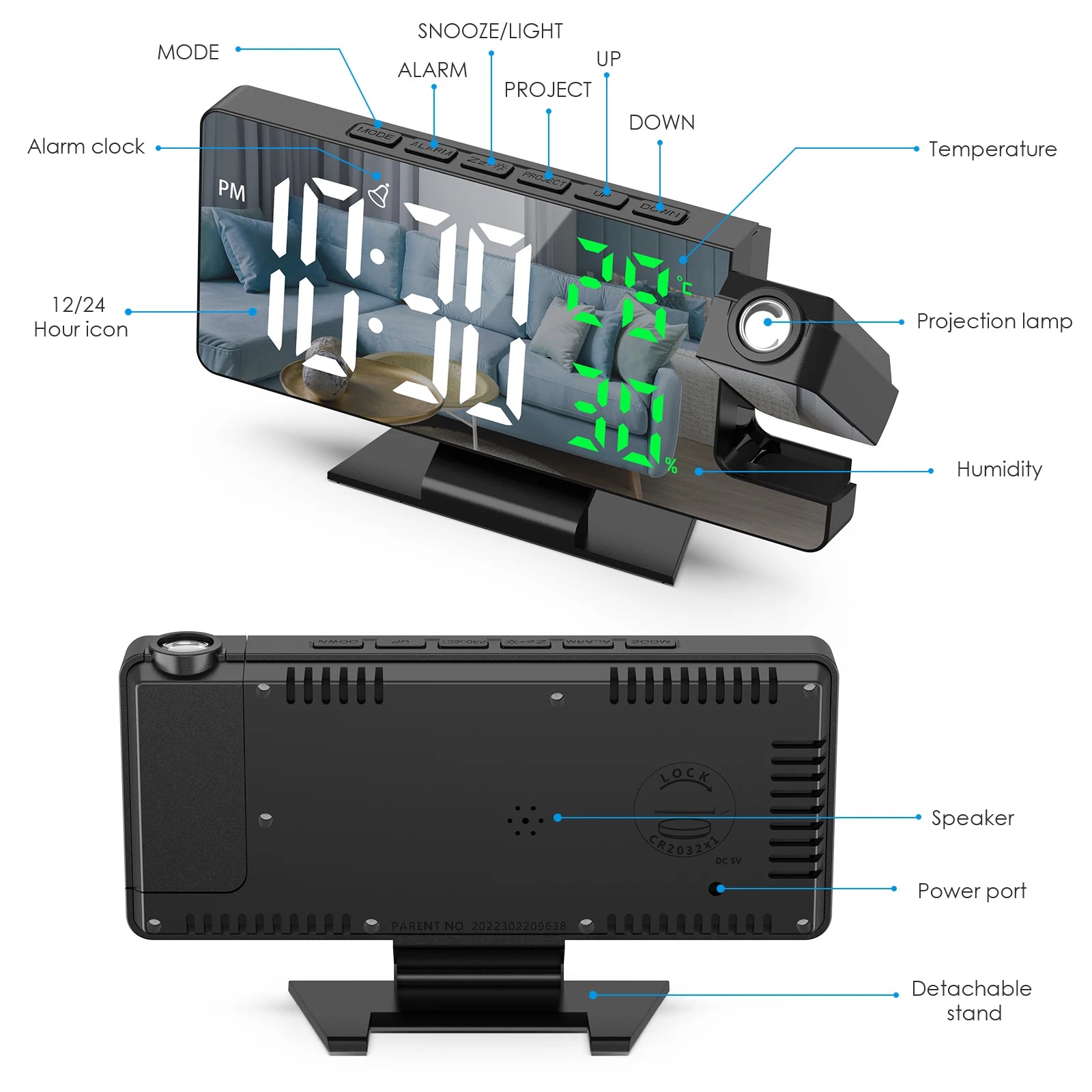 ORIA Digital Projection Alarm Clock with LED Temperature & Humidity Display for Home and Office