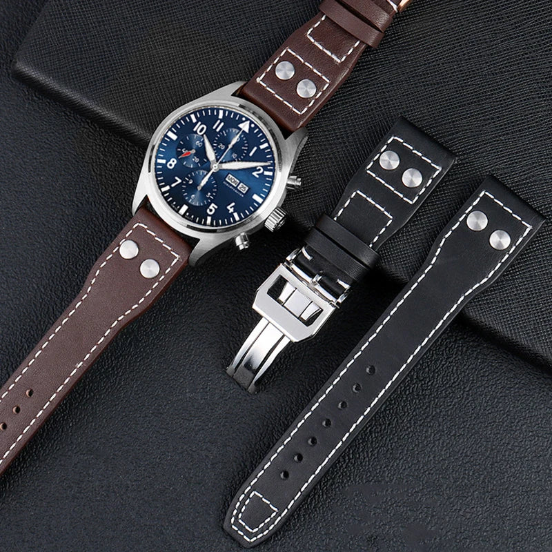 CowLost | bracelets-product_id-iwc-pilot-genuine-leather-watchband-20-21-22mm-cowhide-steel-folding-buckle-wristband |7