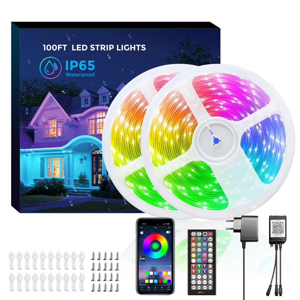 30M/20M RGB 5050 LED Strip IP65 Waterproof Silicone Tape with APP & 44-Key Remote, Music Sync, Color Change for Pool & Balcony