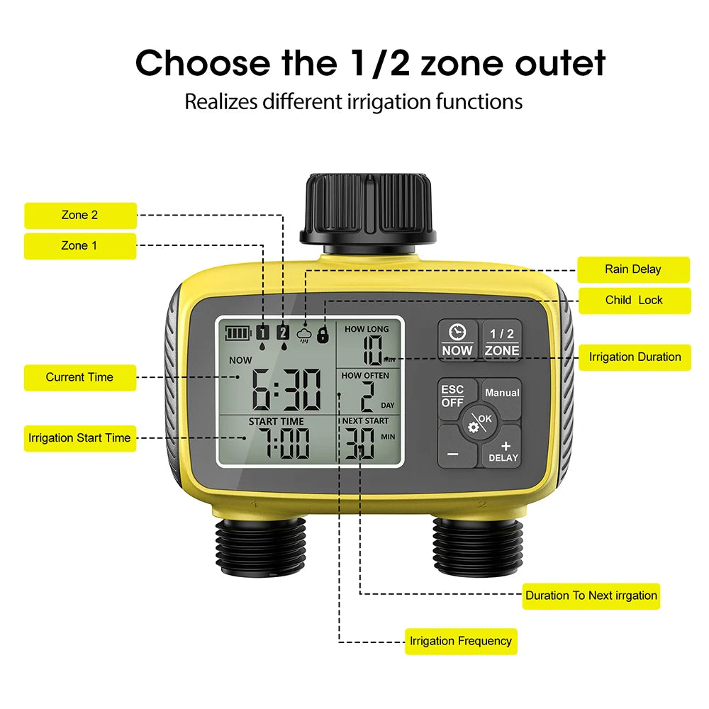 2-Channel Automatic Irrigation Controller Water Timer for Garden Greenhouse