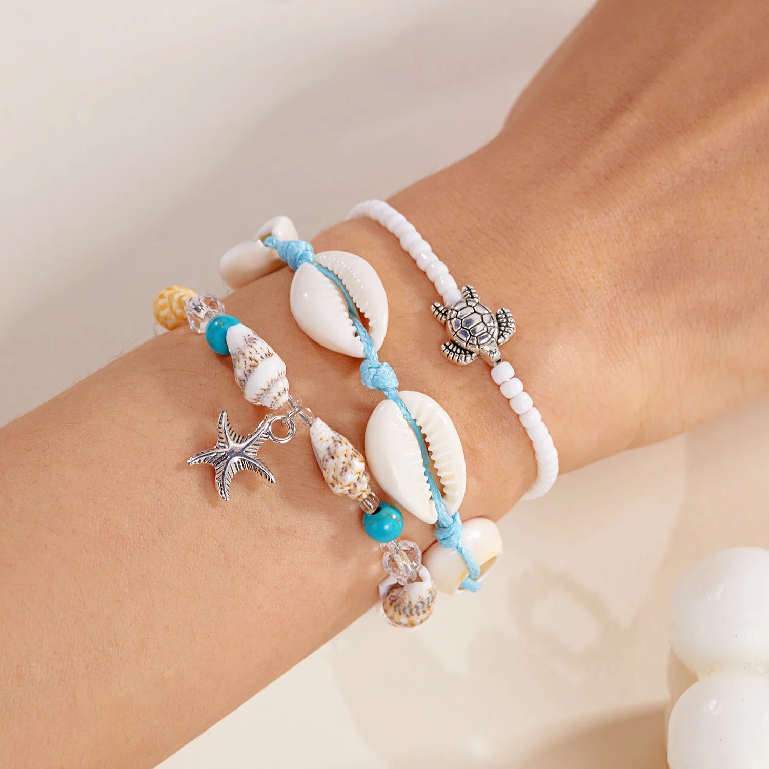 CowLost | 3-pcs-bohemian-starfish-shell-bracelet-for-women-girls-turtle-conch-rice-bead-chain-bangle-summer-beach-party-friendship-jewelry |7