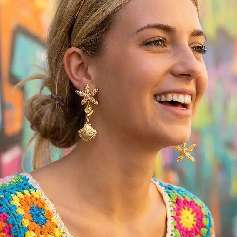 CowLost | boho-asymmetric-starfish-shell-pendant-earrings-for-women-gold-color-metal-textured-sea-star-conch-dangle-earring-beach-jewelry |3