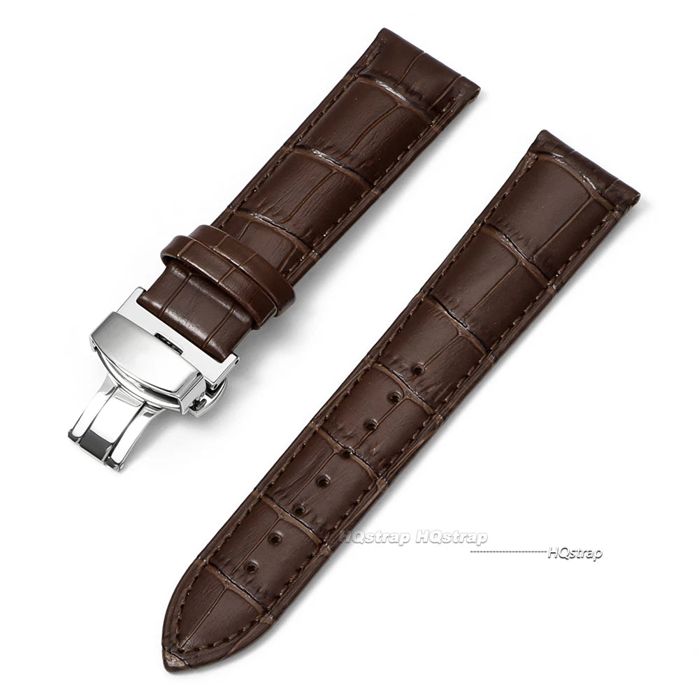CowLost | product_id-genuine-calfskin-leather-watch-strap-16-24mm-black-with-brown-stitching-butterfly-buckle |11