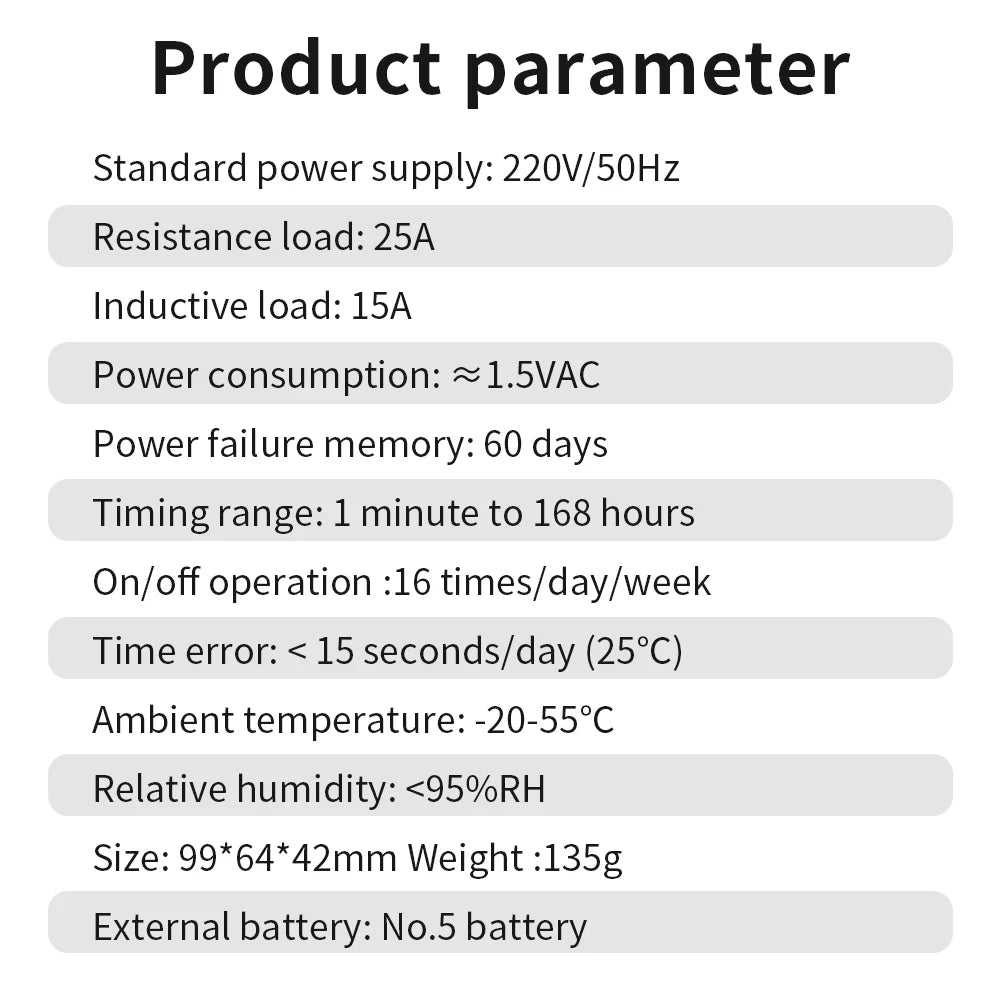 Digital 7-Day Programmable Timer Relay 220V 25/30A with Power Outage Memory